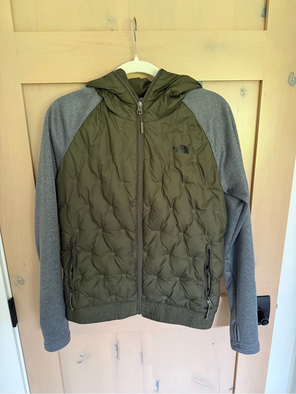 The North Face Olive Green Quilted Hooded Puffer Jacket with Gray Sleeves